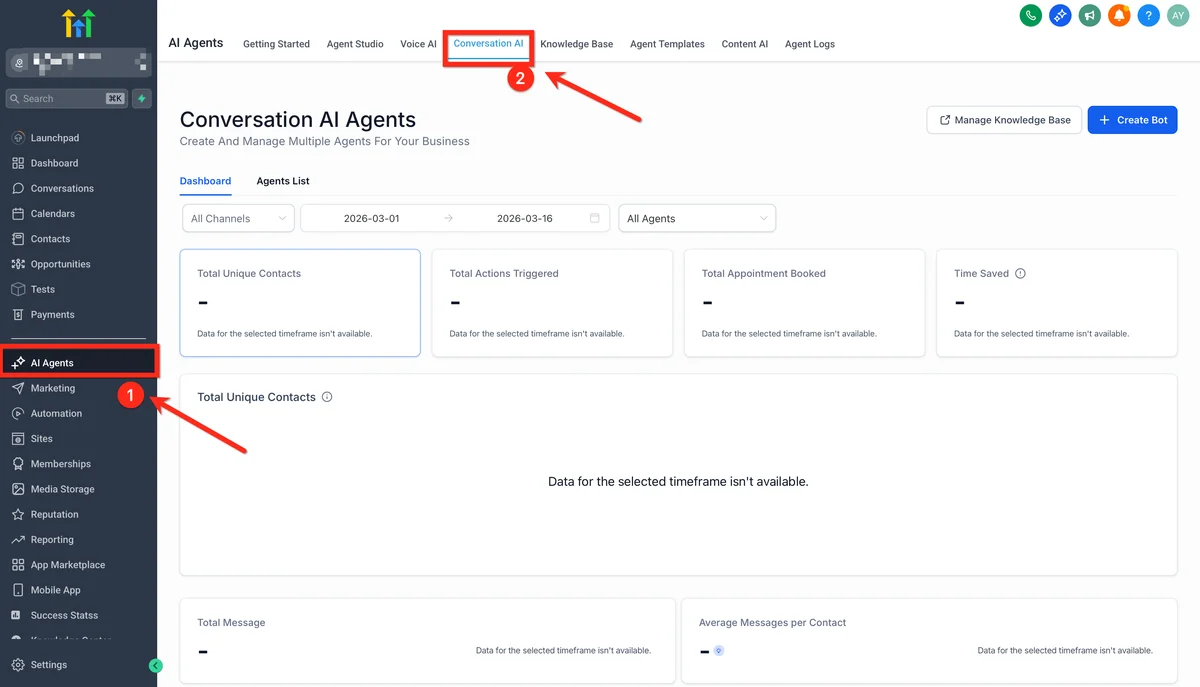 GoHighLevel Conversation AI Conversation AI settings panel with bot training data, response rules, and chat configuration