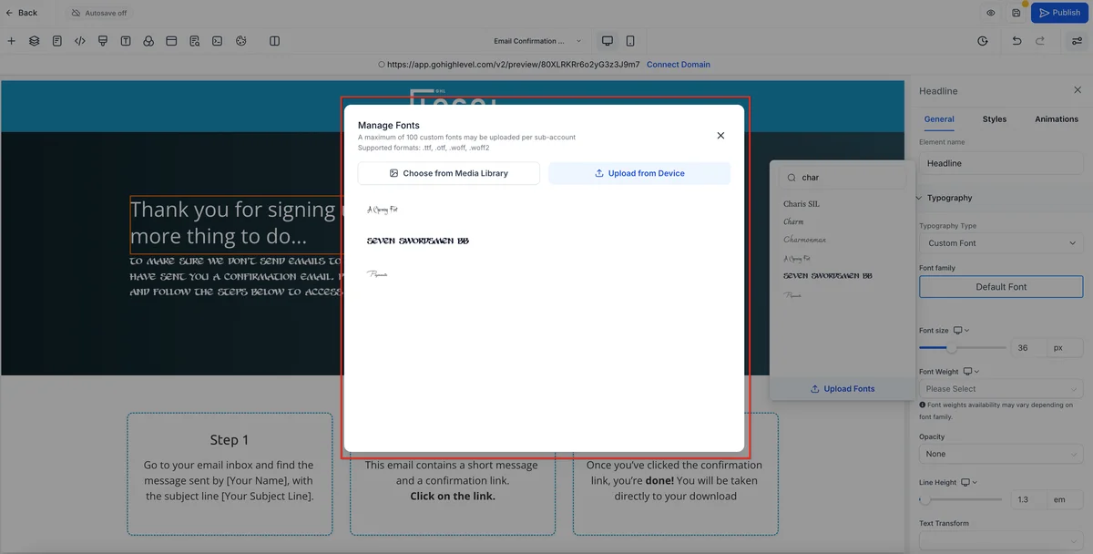 GoHighLevel membership site funnel page builder with drag-and-drop sections, form elements, and design controls